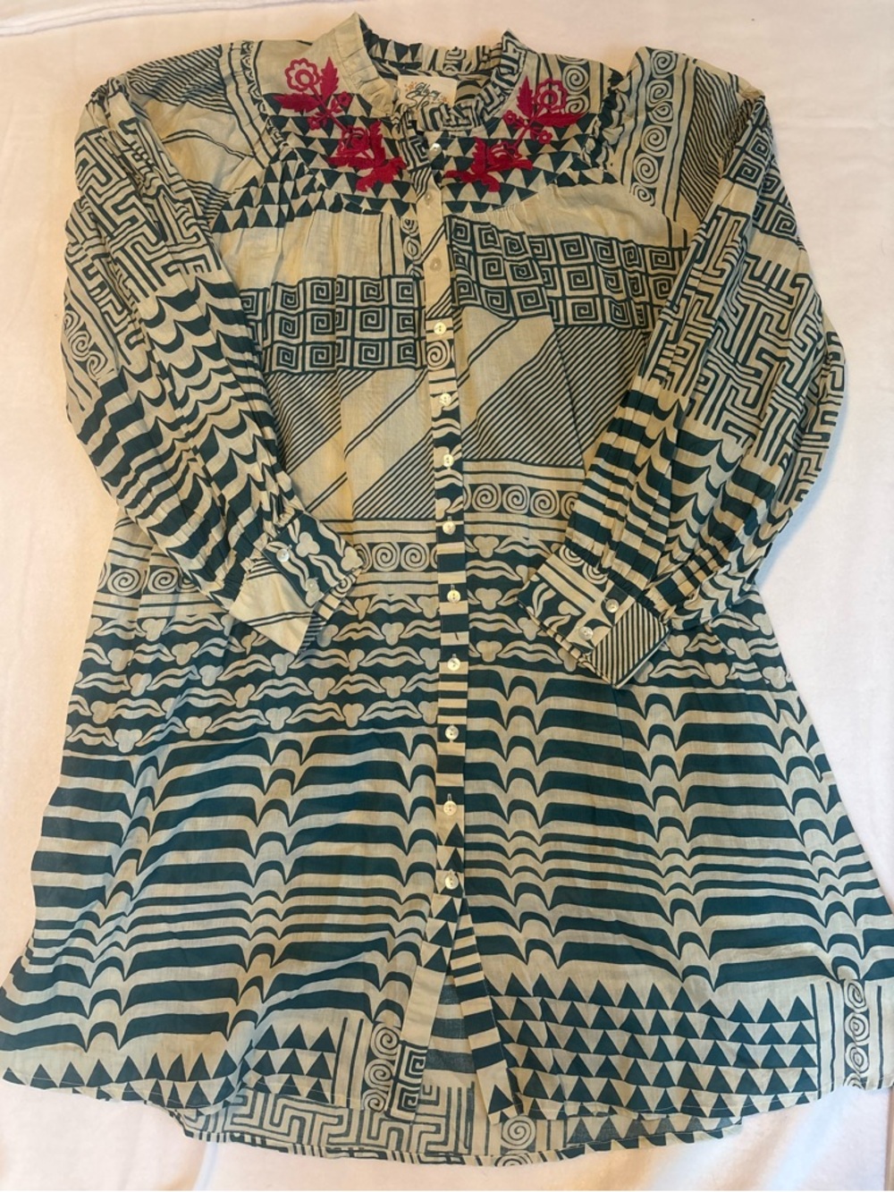 100% Cotton Blue and Cream Printed Button-Front Tunic Dress- Oh My Stars
